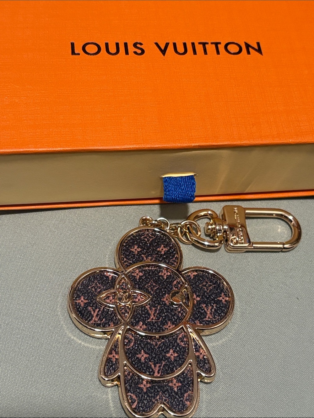 Gold Monogram Flower Key Charm With Box